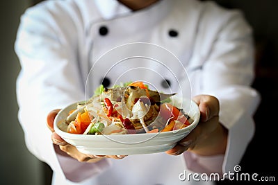 Chef proudly presenting Thai spicy crab papaya salad - Lao, Isan cuisine. Stock Photo