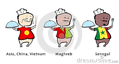 Chef of restaurant from Asia, Maghreb, Senegal Vector Illustration