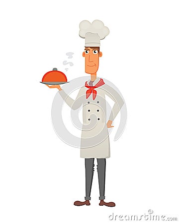 Chef in restaurant. Cute Cook in uniform holding empty dish isolated on white. Vector Illustration