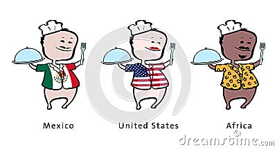 Chef of restaurant from Mexico, U.S., Africa Vector Illustration