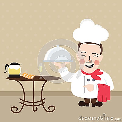 Chef at restaurant present his food dish Vector Illustration