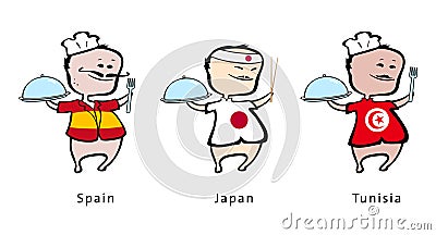 Chef of restaurant from Spain, Japan, Tunisia Cartoon Illustration