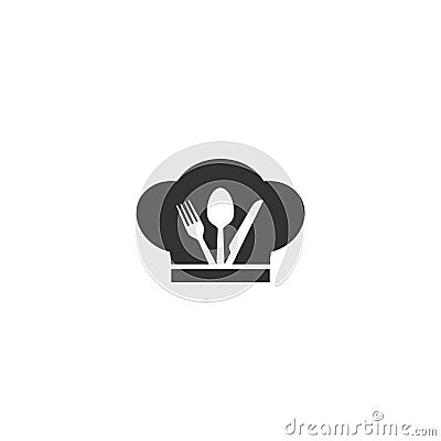 Chef`s cap with fork, spoon and knife cooking concept vector monogram. Vector Illustration