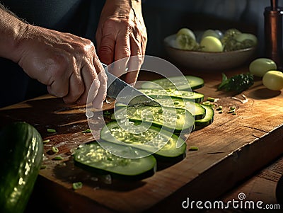 Chef's hands cutting vegetables on a wooden cutting board Stock Photo