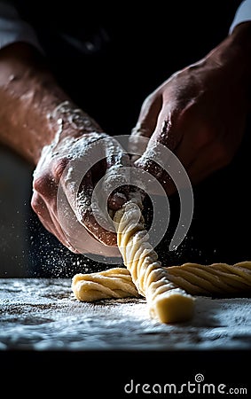 A chef's hands gently twisting churro dough, side light creating soft shadows, adding a warm and inviting atmosphere Stock Photo
