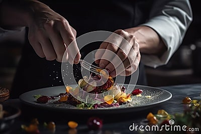 A Chef's Hands Skillfully Preparing a Delicious Gourmet Dish extreme closeup. Generative AI Stock Photo