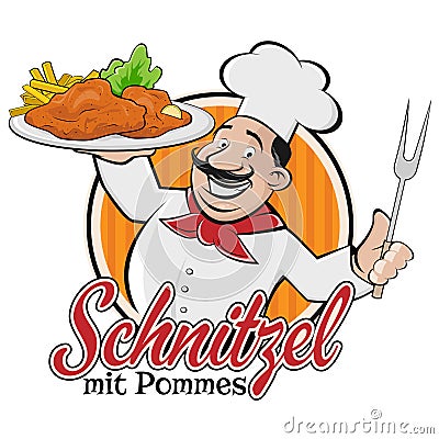 Chef serving german or austrian dish schnitzel mit pommes Vector Illustration