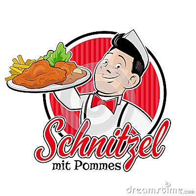 Chef serving german or austrian dish schnitzel mit pommes Vector Illustration