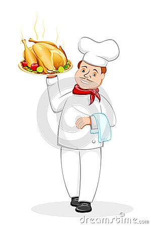 Chef serving Roasted Chicken Vector Illustration