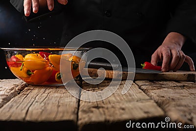 Chef Slices Bell Pepper Black Background Cooking Recipes Cooking Stock Photo