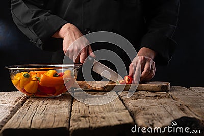 Chef Slices Bell Pepper Black Background Cooking Recipes Cooking Stock Photo