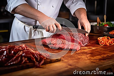 chef slicing freshly cooked beef brisket Stock Photo