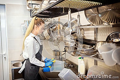 Chef of small restaurant washing dishes in sink at end of working day â€“ kitchen worker using sponge to clean dishes Stock Photo