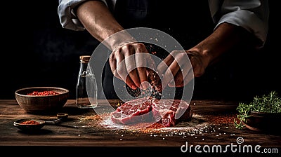 The chef sprinkles raw meat with spices, generative AI. Stock Photo