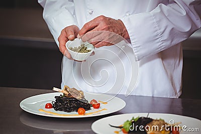 Chef sprinkling spices on dish Stock Photo