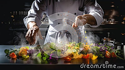 Chef Sprinkling Spices on a Plate of Food Stock Photo