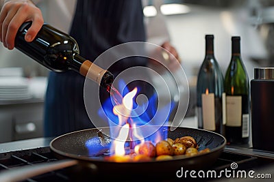 chef streaming wine into a pan, igniting a blue flame Stock Photo
