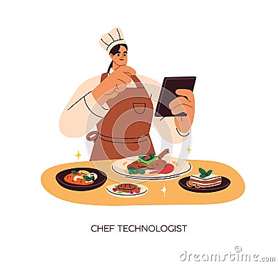 Chef technologist, cook creating recipe, making and checking menu, restaurant dishes. Kitchen worker, culinary Vector Illustration