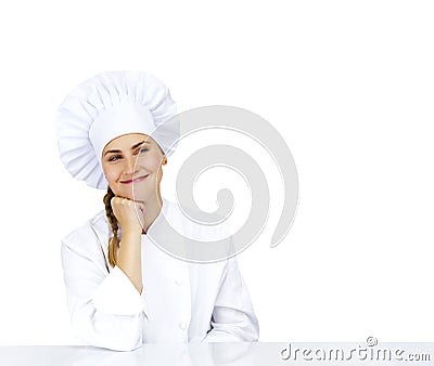 Chef thinking looking smiling and happy to the side. Woman chef, cook or baker in chef uniform and hat. Stock Photo