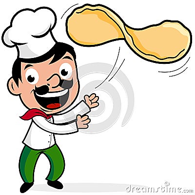 Cartoon chef throwing a pizza dough. Vector illustration Vector Illustration