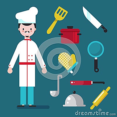 Chef and tools character, Set kitchen shelves and cooking utensils vector flat design cartool illustration Vector Illustration