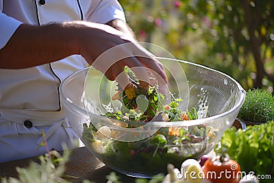chef tossing salad in a bowl outside Stock Photo