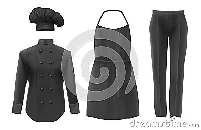 Chef uniforms. Culinary clothing black hat tunic apron pants with a nameplate icon set vector illustration. Professional Vector Illustration