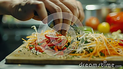 A chef using a mandoline to create paperthin slices of vegetables for a delicate and intricate salad Stock Photo