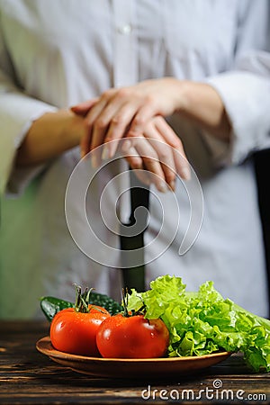 Chef and vegetables eco healthy food concept Stock Photo