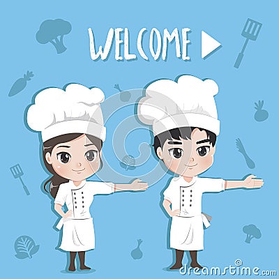 Chef welcome a happy and pleased expression. Vector Illustration