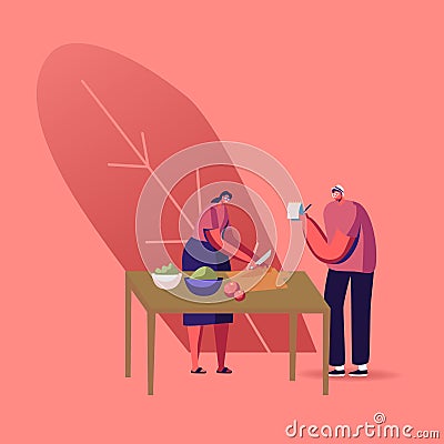 Chef Woman Cooking Slicing Vegetable Man Put Recipe Notes in Notepad. Social Media Blogger Broadcasting Culinary Program Vector Illustration