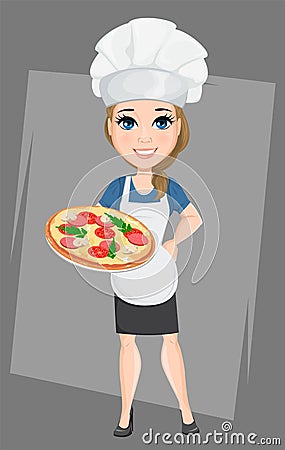 Chef woman holding tasty Italian pizza. Cute cartoon character cook. Vector Illustration