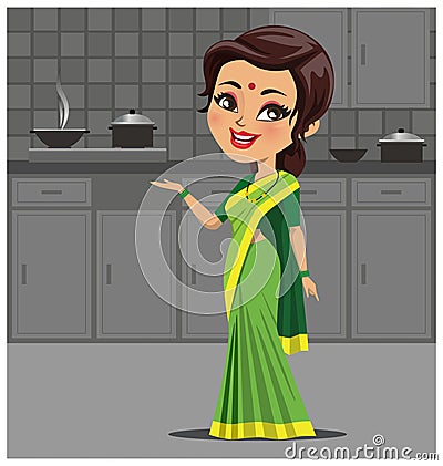 Indian woman in kitchen making food wearing a traditional saree outfit - Vector Stock Photo