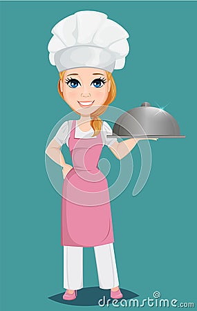 Chef woman in pink apron and cook hat holding restaurant cloche. Vector Illustration