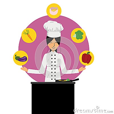 Chef woman prepares food from various ingredients, illustration for restaurants, cafes, journalistic materials Vector Illustration