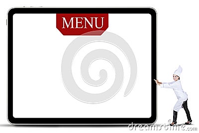 Chef Woman Pushing The Menu Board Stock Photo