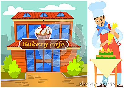 Chef works with sweet dessert for confectionery. Pastry chef making cream cake for bakery cafe Vector Illustration