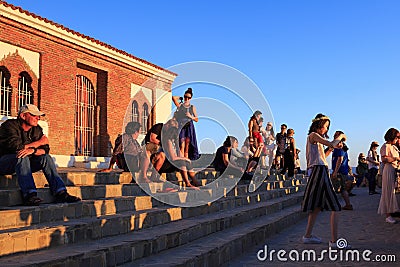 CHEFCHAOUEN, MOROCCO - MAY 29, 2017: Unknown people on the steps of the Mosque Bouzaafer known as Spanish. Its the best view Editorial Stock Photo