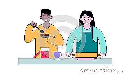 Chefs cooking food, meal, dish at table Vector Illustration