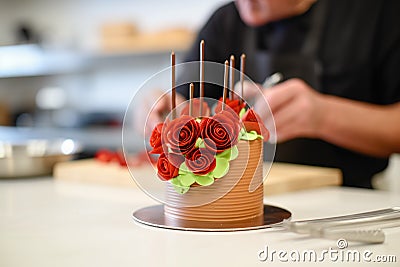 chefs hand piping rosettes on chocolate cake Stock Photo