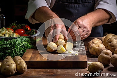 chefs hands peeling and slicing potatoes on a wooden surface Stock Photo