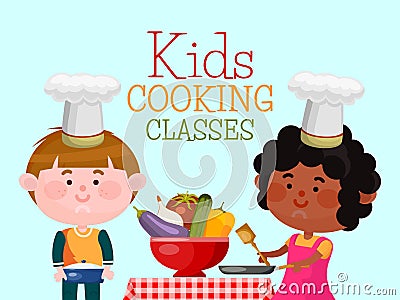 Chefs kids cooking classes vector illustration. Boy and girl are cooking food. Smiling children are standing at the Vector Illustration