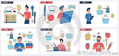 Chefs menu in restaurant, bar, coffee shop or cafe set, tiny people cook and order food Vector Illustration