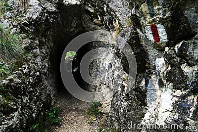 Stone carved tunnel in Nera Gorges Natural Park, Romania, Europe Stock Photo
