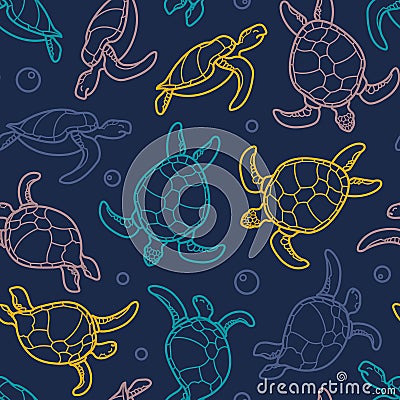 Cheloniidae. Seamless pattern with turtles. Linear graphics. Animal world under water. Ocean. Vector Illustration