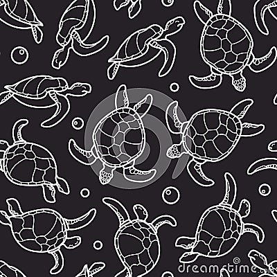 Cheloniidae. Seamless pattern with turtles. Linear graphics. Animal world under water. Ocean. Vector Illustration