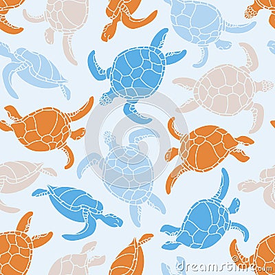 Cheloniidae. Seamless pattern with turtles. Silhouette. Animal world under water. Ocean. Vector Illustration