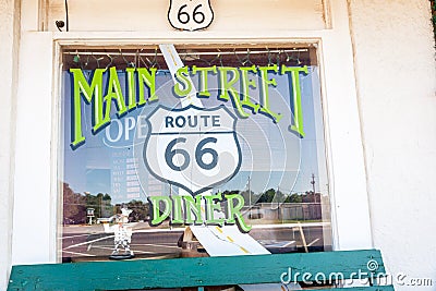 Main Street Diner window and reflection Chelsea, Oklahoma on Route 66.-2.dng Editorial Stock Photo