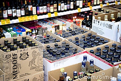 Chelyabinsk Region, Russia - January 2019: A showcase of alcoholic beverages at the Pyaterochka hypermarket. Carton boxes with Editorial Stock Photo