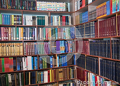 Chelyabinsk region, Russia - March 2019. Shelving with books in the school library. Library bookshelves. Editorial Stock Photo